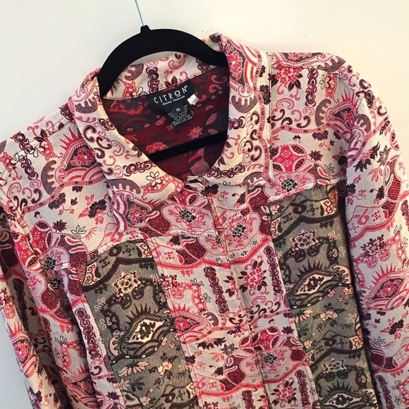 Citron Button Blazer Jacket Asian Silk Blend 1X Red - Picture 2 of 10